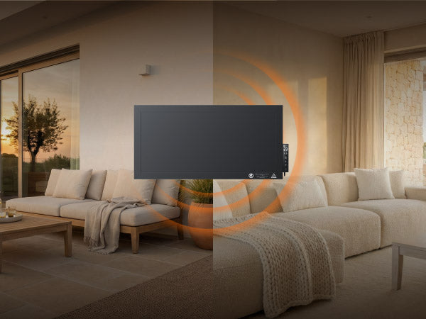 Split-Ansicht einer dunklen Bringer Infrarotheizung: Die linke Seite zeigt den Einsatz auf einer Terrasse, die rechte Seite im Wohnzimmer, symbolisiert durch übergreifende Wärmewellen.