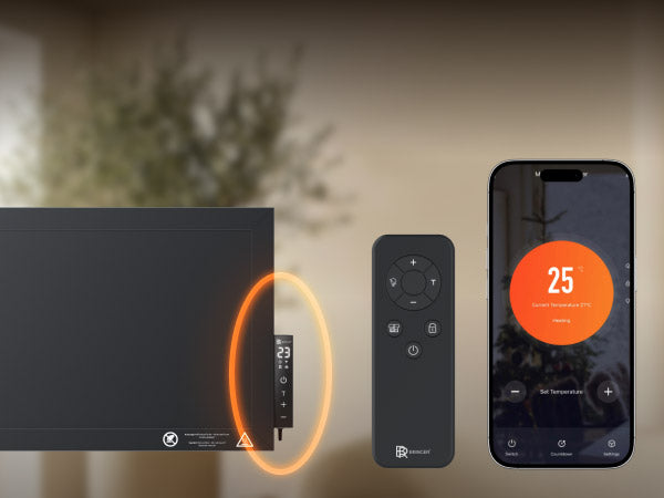 Smarte Steuerungsoptionen der Bringer Infrarotheizung im Überblick: Integriertes Thermostat am Gerät, Fernbedienung und WiFi-Steuerung per Smartphone-App.